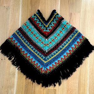 Wool poncho!  Great colors, fringe and beading details!